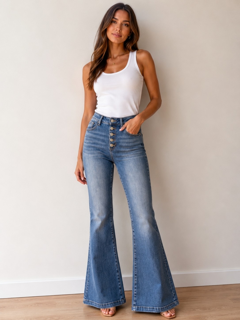 High-Rise Button-Front Stretch Flare Jeans in Medium Blue